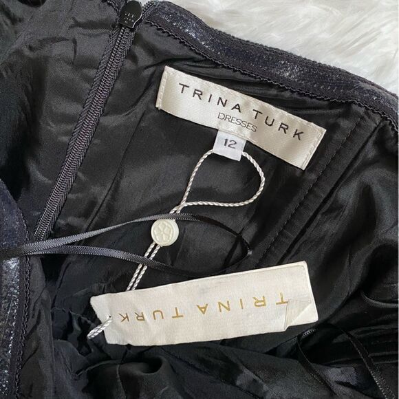 Trina Turk Strapless Mini Dress NEW Pockets Black Blue Striped Women’s 12 Lined - Picture 10 of 12